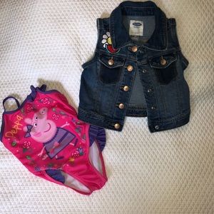 Peppa pig swimsuit and old navy denim vest